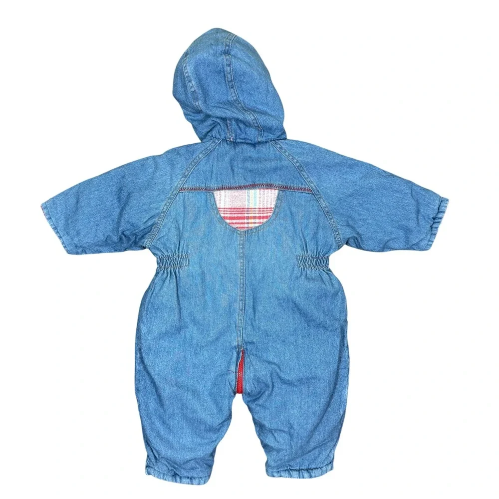 Vintage Baby Club Denim Hooded Snowsuit Blue Teddy‎ Bear Plaid Lined Kids